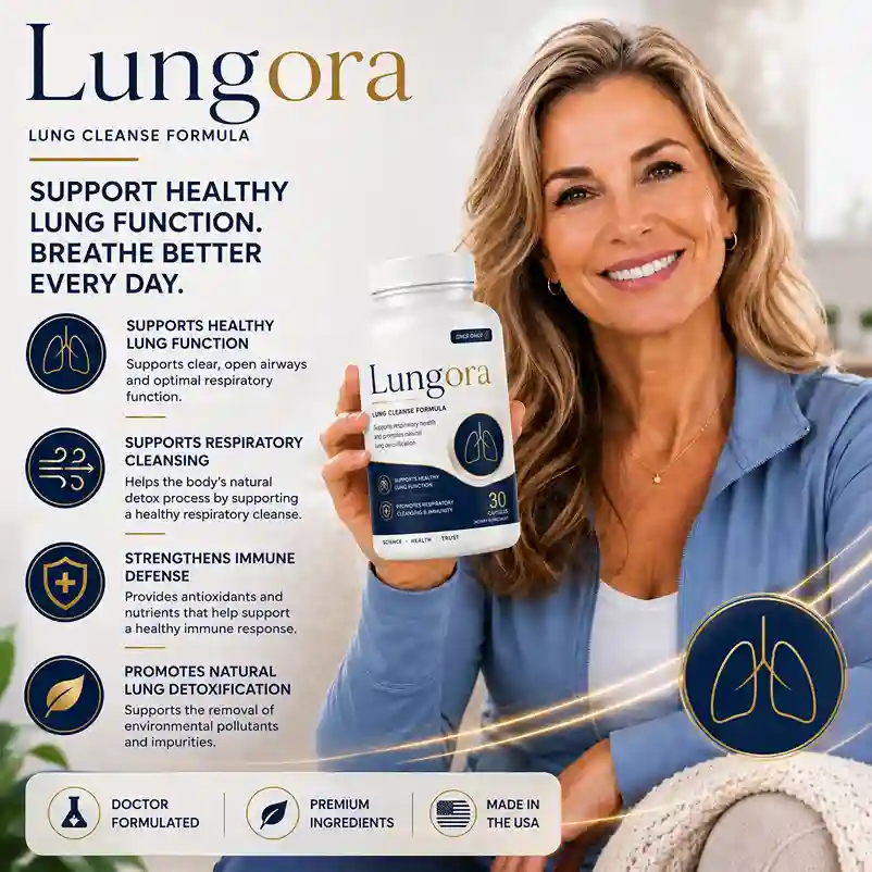 Lungora Lung Cleanse Formula &mdash; three premium white bottles with dark navy wave panel, Lungora label in elegant serif with gold accent, Lung Cleanse Formula, Supports Healthy Lung Function, Promotes Respiratory Cleansing and Immunity, 30 Capsules, Once Daily, dietary supplement, Science Health Trust